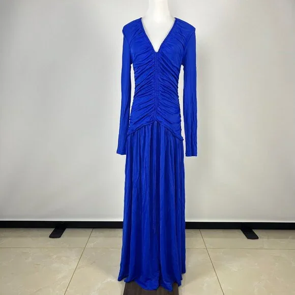 NWOT Farm Rio V Neckline Ruched Blue Maxi Dress Long Sleeves Size M - Picture 2 of 12